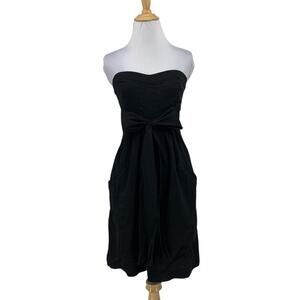 Theory Dress Womens 0 Black Simms Linen Blend Strapless Sash Bow Front Pockets